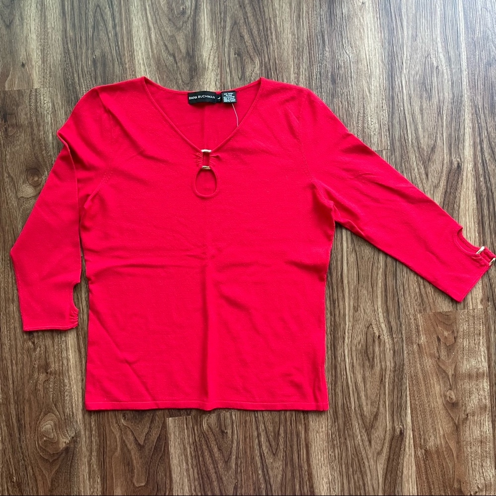 DANA BUCHMAN NWT Womens Red Buckle Keyhole Rayon Fine Sweater Knit Top Size L